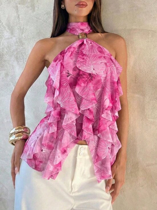 Tops - Multicolor Casual Women's Multi-Layer Ruffle Trim Stand Collar Fitted Tank Top